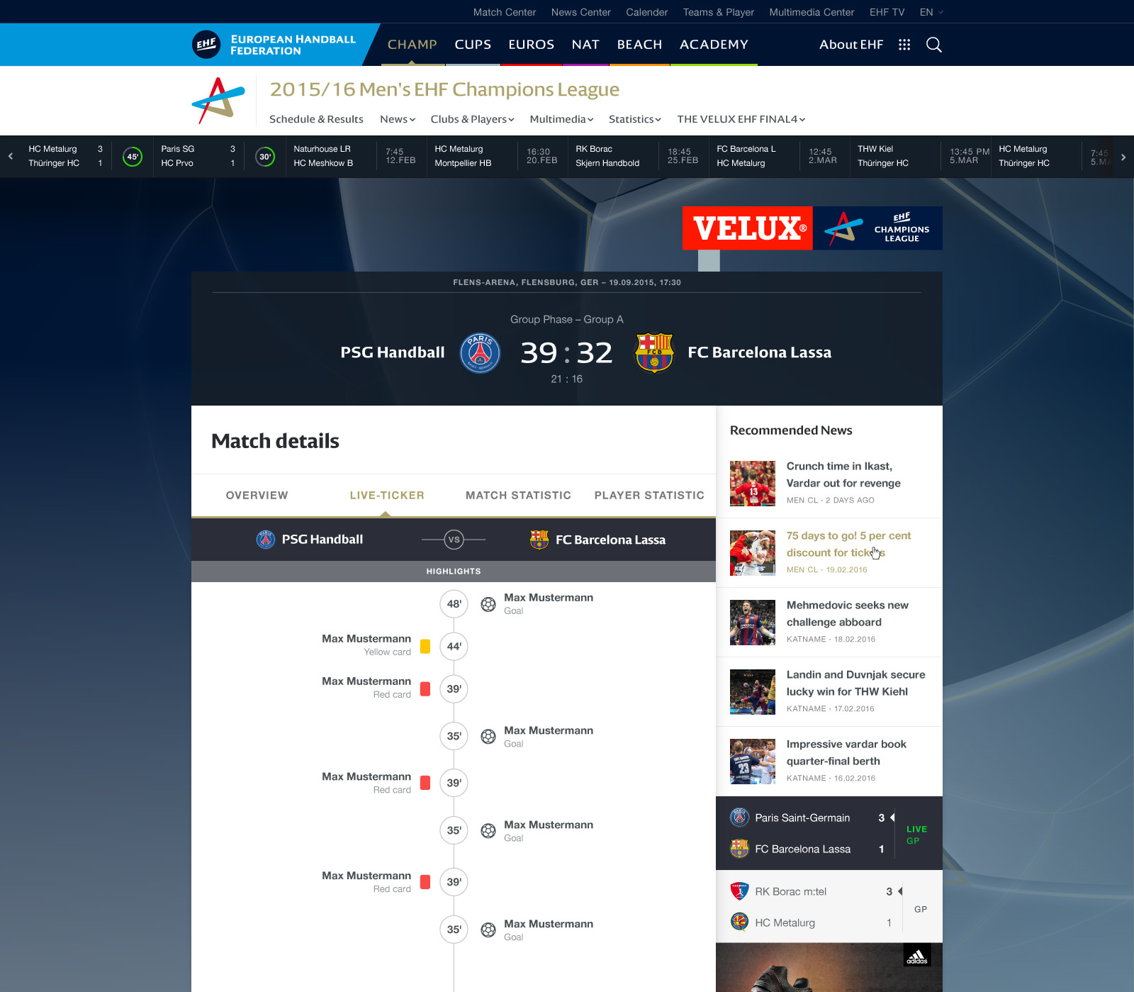 EHF European Handball Federation Website Design player profile matchdetails match-live-ticker