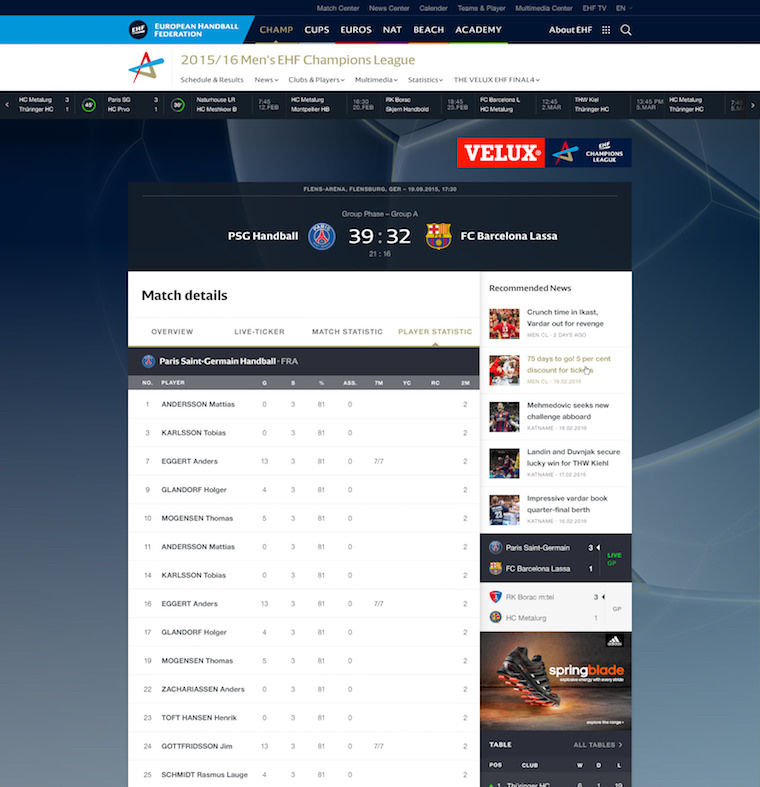EHF European Handball Federation Website Design player profile matchdetails player statistic