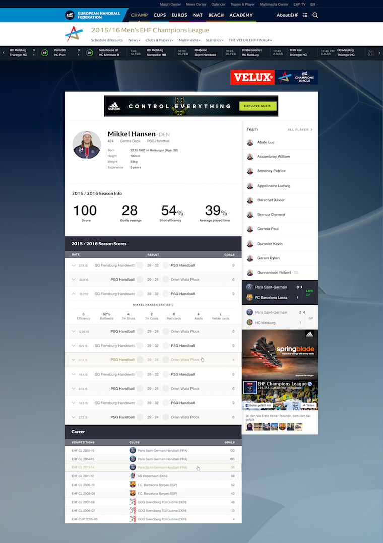 EHF European Handball Federation Website Design player profile information