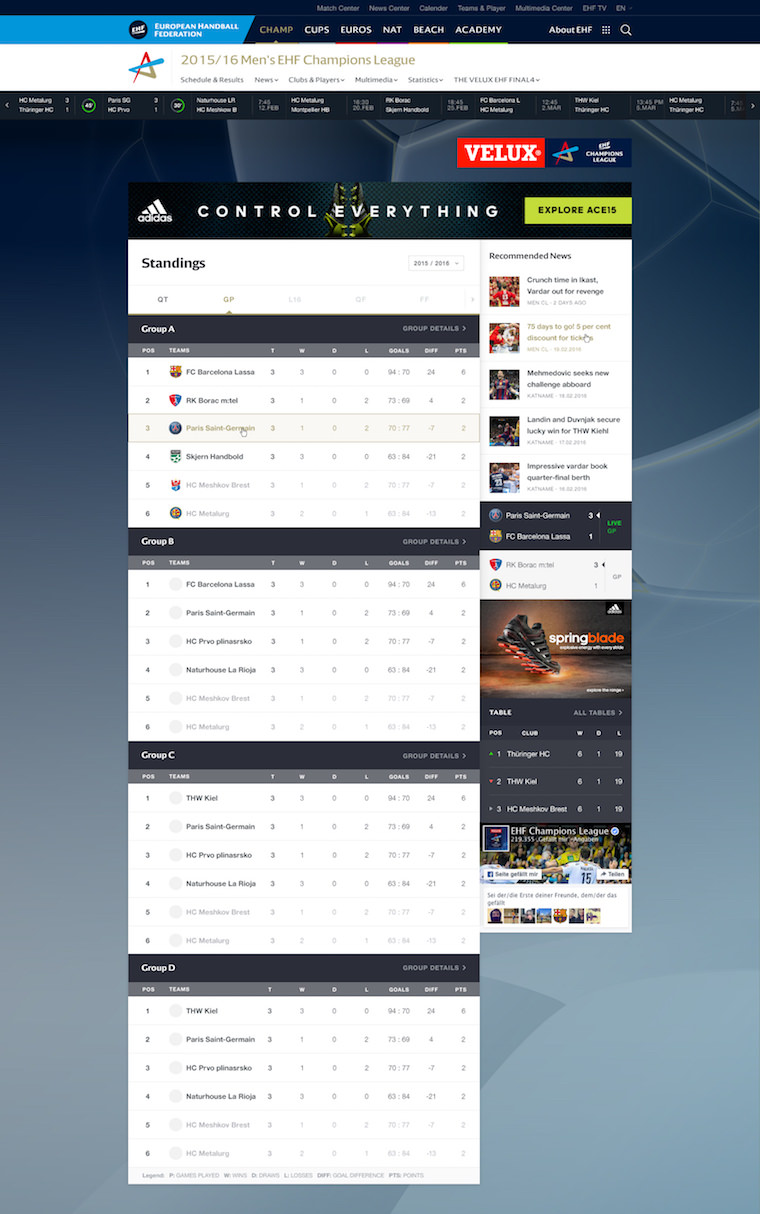 EHF European Handball Federation Website Design Standings